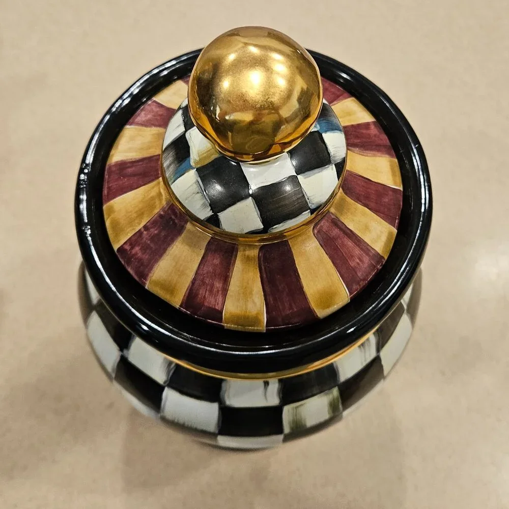 RARE MACKENZIE CHILDS ARGYLE PLAID AURORA CERAMIC GLOBE STORAGE CANISTER JAR